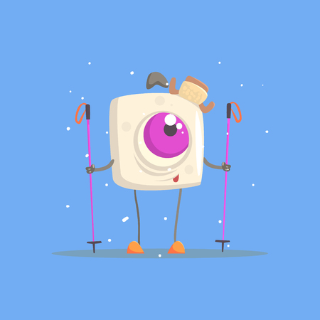 One-eyed Square White Monster On Skis In Winter. Funky Creature Colorful Character With Party Attributes On White Background.のイラスト素材
