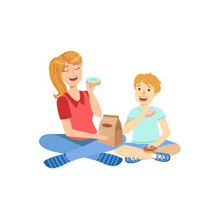 Mother And Child Eating Doughnuts Together Illustration. Cute Simple Cartoon Style Drawing Of Single Mom And Her Kid Pastime.のイラスト素材