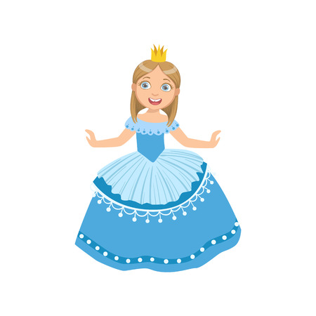 Little Girl In Blue Dress Dressed As Fairy Tale Princess. Cute Flat Child Character In Bright Colored Clothes Isolated On White Backgroundのイラスト素材