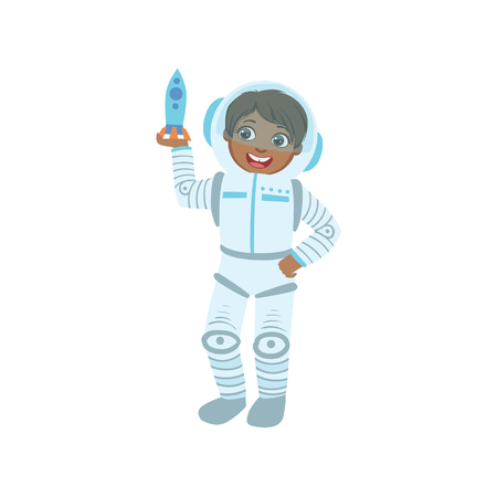 Boy Dressed As Astronaut Holding Toy Spaceship. Child Dream Future Profession Cute Colorful Illustration Isolated On White Background.のイラスト素材