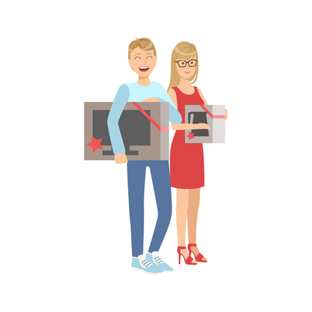Couple Buying Tv And Microwave Oven In Shopping Mall. Bright Color Cartoon Simple Style Flat Vector Sticker Isolated On White Backgroundのイラスト素材