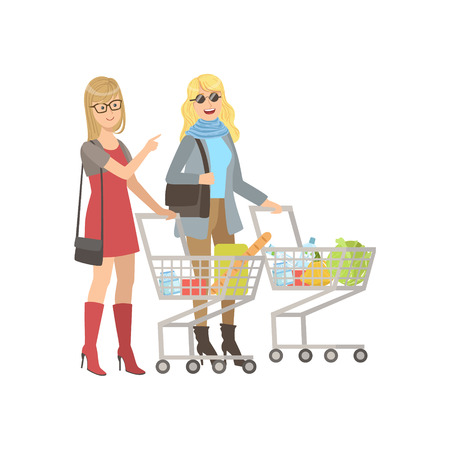 Two Girlfriends Shopping In Grocery Shop. Bright Color Cartoon Simple Style Flat Vector Sticker Isolated On White Backgroundのイラスト素材