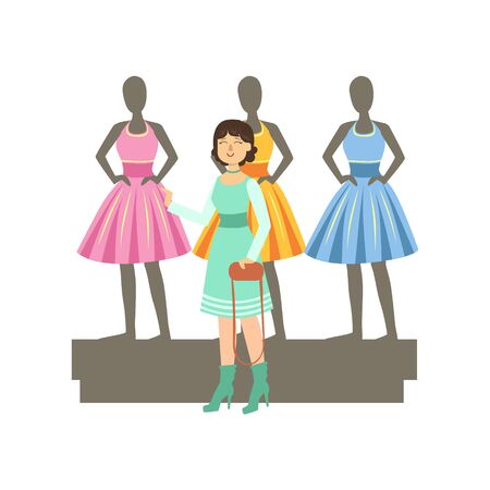 Woman Choosing Dresses On Mannequinns In Shopping Mall. Bright Color Cartoon Simple Style Flat Vector Sticker Isolated On White Backgroundのイラスト素材
