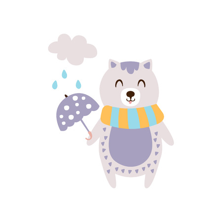 Violet Cat In Scarf Holding Umbrella Under Rain In Autumn Standing Upright Humanized Animal Character Illustration In Funky Decorative Style. Pet Fantastic Character Flat Vector Colorful Print From Woodland Fauna Collectionのイラスト素材