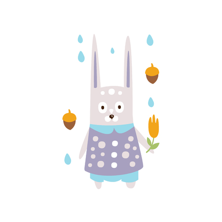 Rabbit In Violet Clothes Under Rain In Autumn Standing Upright Humanized Animal Character Illustration In Funky Decorative Style. Forest Fantastic Character Flat Vector Colorful Print From Woodland Fauna Collectionのイラスト素材
