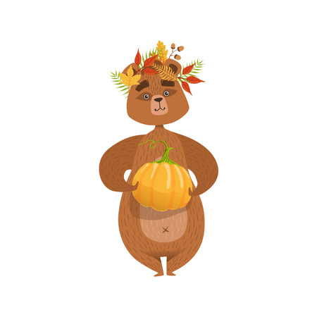 Girly Cartoon Brown Bear Character Holding Pumpkin And Wearing Fallen Leaves Chaplet Illustration. Humanized Wild Forest Animal And His Activities Childish Vector Sticker.のイラスト素材