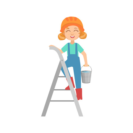 Girl Going Up The Ladder With The Bucket, Kid Dressed As Builder On The Construction Site Future Dream Profession Set Illustration. Teenager In Construction Worker Uniform Wearing Hard Hat And Dungarees Cute Cartoon Vector Character.のイラスト素材