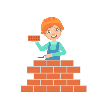 Boy Building A Brick Wall, Kid Dressed As Builder On The Construction Site Future Dream Profession Set Illustration. Teenager In Construction Worker Uniform Wearing Hard Hat And Dungarees Cute Cartoon Vector Character.のイラスト素材