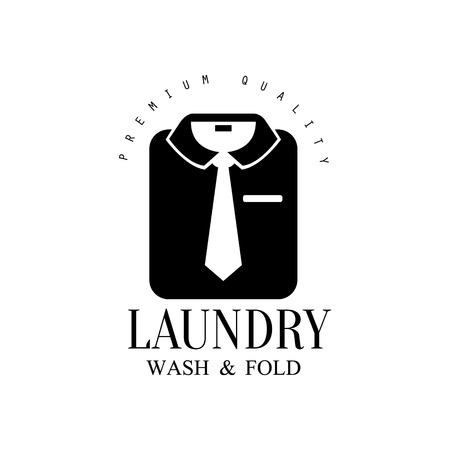 Black And White Sign For The Laundry And Dry Cleaning Service With Folded Shirt And Tie. Vector Clothes Washing Service Template With Calligraphic Text, Wash And Fold Stamp Collection.のイラスト素材