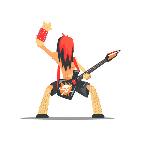 Rock Band Member Funny Character With Guitar On Stage. Graphic Design Cool Geometric Style Isolated Illustration On White Backgroundのイラスト素材