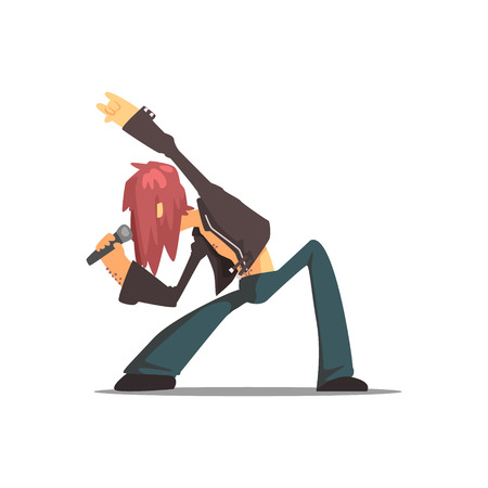 Rock Band Member Funny Character Singing In Leather Jacket. Graphic Design Cool Geometric Style Isolated Illustration On White Backgroundのイラスト素材