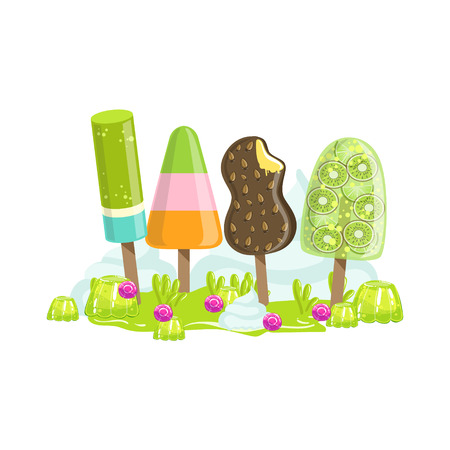 Ice Cream And Frozen Fruit Trees Fantasy Candy Land Sweet Landscape Element. Illustrations From Girly Magic Sweet Land Design Set For Video Game Landscaping.のイラスト素材