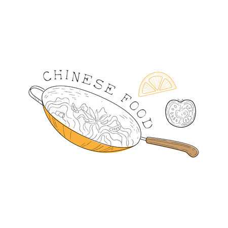 Frying Pan, Tomato And Hot Pepper Chinese Food And Wok Fast Food Cafe Menu Hand Drawn Illustration. Trendy Asian Junk Food Restaurant Promo Sketch Drawings.のイラスト素材