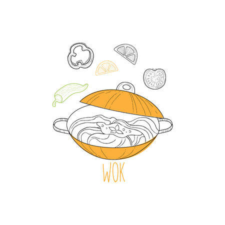 Wok With Noodles Chinese Food And Wok Fast Food Cafe Menu Hand Drawn Illustration. Trendy Asian Junk Food Restaurant Promo Sketch Drawings.のイラスト素材