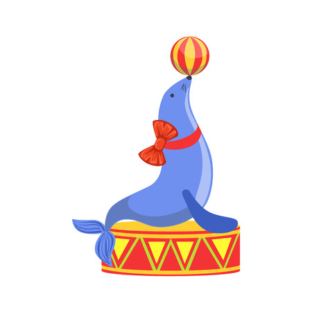 Circus Trained Sealion Animal Artist Performing Holding The Ball On The Nose Stunt For The Circus Show.のイラスト素材