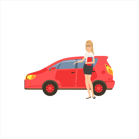 Happy Self-made Business Lady With Her Red Car In Office Dress Code Outfit Clothing, Part Of Women Different Lifestyles Collection.のイラスト素材