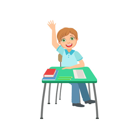 Schoolboy Sitting Behind The Desk In School Raising Hand To Answer Illustration, Part Of Scholars Studying Collectionのイラスト素材
