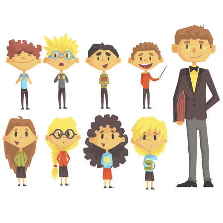 Elementary School Group Of Schoolchildren With Their Male Teacher In Suit Set Of Cartoon Characters.のイラスト素材