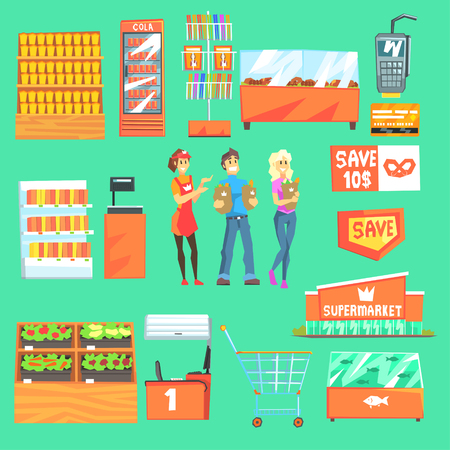 People Shopping For Groceries In Supermarket Surrounded By Shop Attributes Set Of Illustrations.のイラスト素材