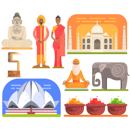 Famous Touristic Attractions To See In India. Traditional Tourism Symbols Of Indian Culture Including Clothingのイラスト素材