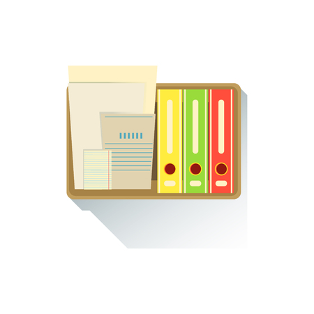 Box With Paper Folders Office Worker Desk Element, Part Of Workplace Tools And Stationary Collection Of Objects. Items For Fully Equipped Working Table Vector Illustration With View From Above.のイラスト素材