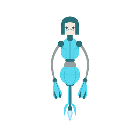 Thin Blue Floating Mid Air Friendly  Robot Character Vector Cartoon Illustration. Futuristic Bionic Person Portrait In Childish Manner, Part Of Fantasy Droids Collection.のイラスト素材