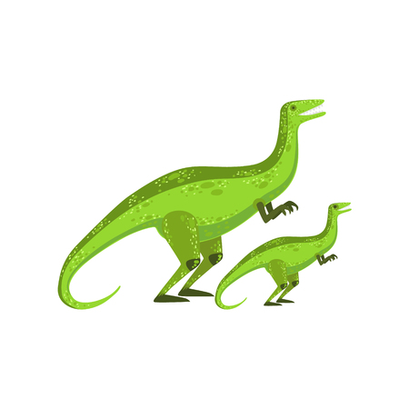 Velociraptor Dinosaur Prehistoric Monster Couple Of Similar Specimen Big And Small Cartoon Vector Illustration. Part Of Jurassic Reptiles Species Collection Of Childish Drawings.のイラスト素材
