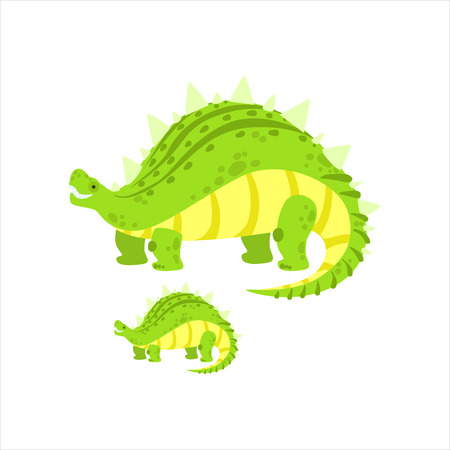 Green Stegosaurus Dinosaur Prehistoric Monster Couple Of Similar Specimen Big And Small Cartoon Vector Illustration. Part Of Jurassic Reptiles Species Collection Of Childish Drawings.のイラスト素材