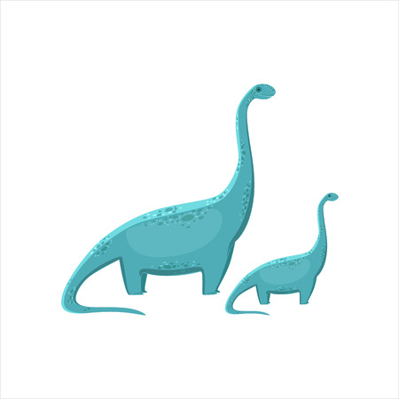 Blue Brahiosaurus Dinosaur Prehistoric Monster Couple Of Similar Specimen Big And Small Cartoon Vector Illustration. Part Of Jurassic Reptiles Species Collection Of Childish Drawings.のイラスト素材