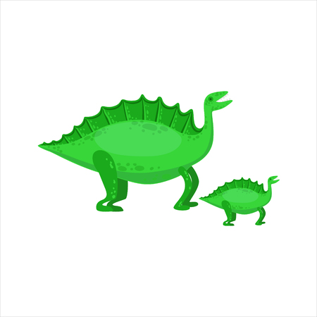 Stegosaurus Dinosaur Prehistoric Monster Couple Of Similar Specimen Big And Small Cartoon Vector Illustration. Part Of Jurassic Reptiles Species Collection Of Childish Drawings.のイラスト素材