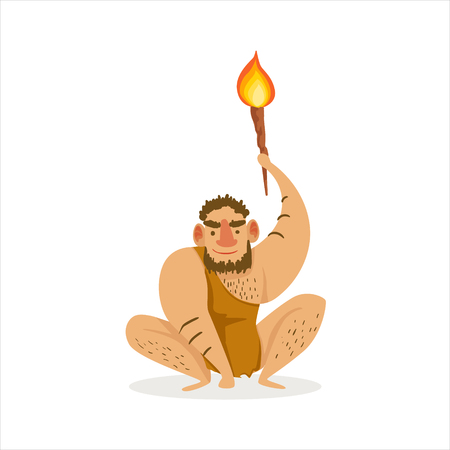 Hairy Man Crouching With Alite Torch Cartoon Illustration Of First Homo Sapiens Troglodyte In Animal Pelt Living In Stone Age. Part Of Prehistoric Neanderthal Caveman And Their Historical Surroundings Collection Of Vector Drawings.のイラスト素材