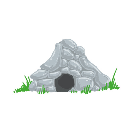 Primitive Stone Age Cave Troglodyte House Man Made Out Of Grey Rocks Living Place. Part Of Prehistoric Neanderthal Caveman And Their Historical Surroundings Collection Of Vector Drawings.のイラスト素材