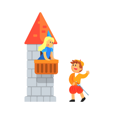 Girl And Boy In Medieval Outfits Playing Parts Of Romeo And Juliette In Theatrical Show In A Balcony Scene. Children Actors Acting On Stage Of School Theatre In A Play For Performance Art Class Colorful Vector Illustrationのイラスト素材