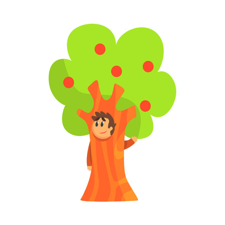 Boy In Costume Of The Apple Tree Performing In Theatrical Show In Fairy-Tale Story. Children Actors Acting On Stage Of School Theatre In A Play For Performance Art Class Colorful Vector Illustrationのイラスト素材