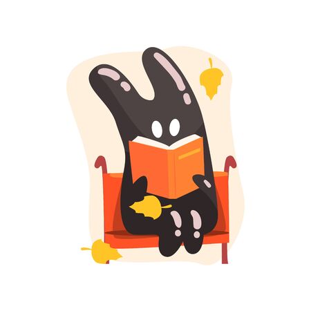 Black Tar Jelly Rabbit Shape Monster Reading A Book On The Bench Under Falling Yellow Leaves Outdoors In Autumn Season. Part Of Autumn Fantastic Animal Creatures Set Of Funny Cartoon Vector Illustrationsのイラスト素材