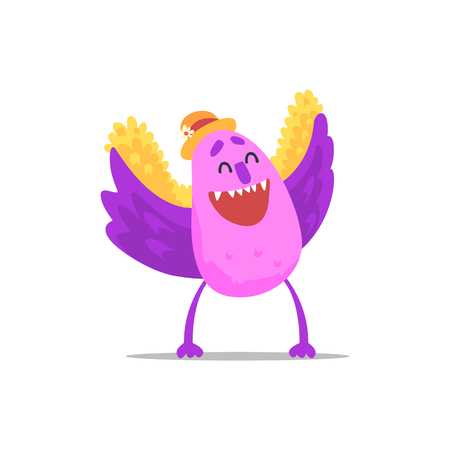 Happy Purple Monster With Wings In Straw Hat Partying Hard As A Guest At Glamorous Posh Party Vector Illustration Part Of The Funny Alien Animal Cartoon Characters At The Celebration Collection.のイラスト素材