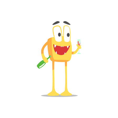 Happy Orange Square Monster With Bottle And Glass Of Wine Partying Hard As A Guest At Glamorous Posh Party Vector Illustration Part Of The Funny Alien Animal Cartoon Characters At The Celebration Collection.のイラスト素材