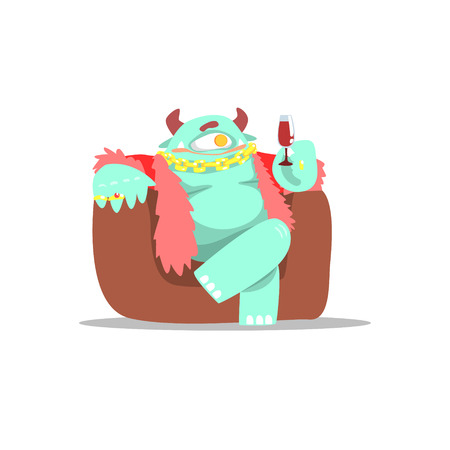 Blue Monster In Furry Vest Wearing Jewelry And Drinking Wine Partying Hard As A Guest At Glamorous Posh Party Vector Illustration Part Of The Funny Alien Animal Cartoon Characters At The Celebration Collection.のイラスト素材