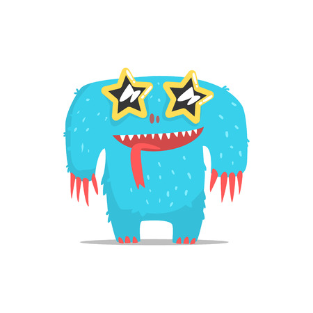 Happy Blue Furry Giant Monster In Star Shaped Dark Glasses Partying Hard As A Guest At Glamorous Posh Party Vector Illustration Part Of The Funny Alien Animal Cartoon Characters At The Celebration Collection.のイラスト素材