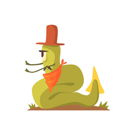 Green Giant Snake Monster In Cowboy Hat And Bandana Sitting At Bonfire, Alien Camping And Hiking Cartoon Illustration. Fantastic Animal On A Hike Outdoors In The Wilderness Vector Cute Character.のイラスト素材