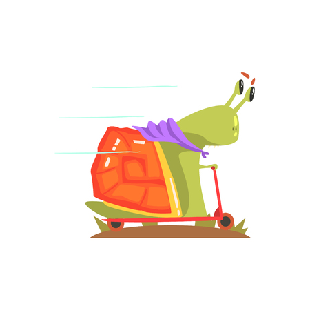 Snail Monster In Purple Scarf Riding A Scooter, Alien Camping And Hiking Cartoon Illustration. Fantastic Animal On A Hike Outdoors In The Wilderness Vector Cute Character.のイラスト素材