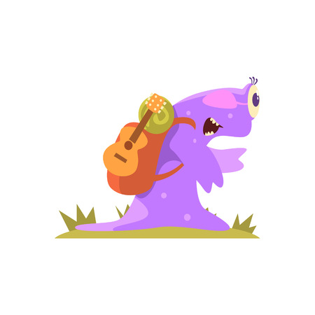 Purple Slug Jelly Monster Carrynig Backpack And Guitar, Alien Camping And Hiking Cartoon Illustration. Fantastic Animal On A Hike Outdoors In The Wilderness Vector Cute Character.のイラスト素材