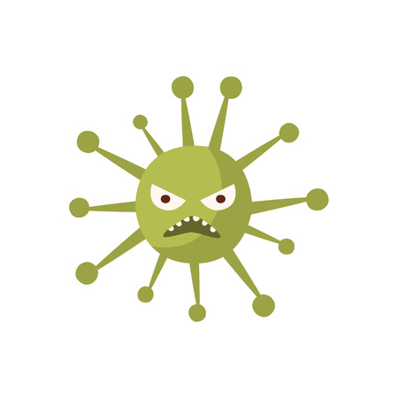 Green Sun Shaped Aggressive Malignant Bacteria Monster With Sharp Teeth Cartoon Vector Illustration. Colorful Alien Virus Microorganism Unfriendly Character Flat Drawing.のイラスト素材