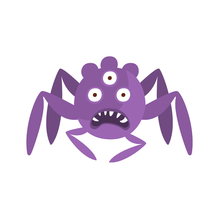Purple Spider Shaped Aggressive Malignant Bacteria Monster With Sharp Teeth And Three Eyes Cartoon Vector Illustration. Colorful Alien Virus Microorganism Unfriendly Character Flat Drawing.のイラスト素材