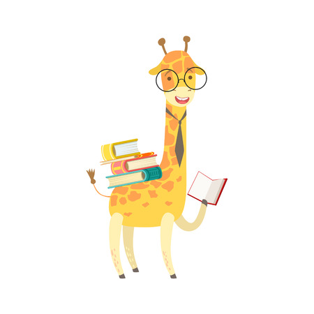Giraffe Smiling Bookworm Zoo Character Wearing Glasses And Reading A Book Cartoon Illustration Part Of Animals In Library Collection. Flat Vector Drawing With Childish Design Fauna Studying The Literature.のイラスト素材