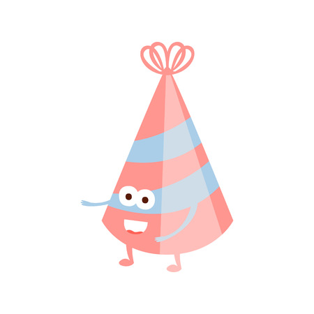 Stripy Party Hat Children Birthday Party Attribute Cartoon Happy Humanized Character In Girly Colors. Kids Celebration Related Object With Smiling Face Flat Vector Illustration.のイラスト素材