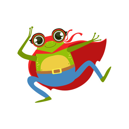 Frog Animal Dressed As Superhero With A Cape Comic Masked Vigilante Character. Part Of Fauna With Super Powers Flat Cartoon Collection Of Illustrations.のイラスト素材