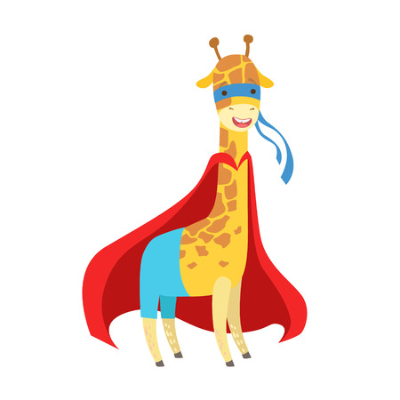Giraffe Animal Dressed As Superhero With A Cape Comic Masked Vigilante Character. Part Of Fauna With Super Powers Flat Cartoon Vector Collection Of Illustrations.のイラスト素材