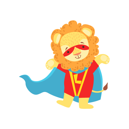 Lion Animal Dressed As Superhero With A Cape Comic Masked Vigilante Character. Part Of Fauna With Super Powers Flat Cartoon Vector Collection Of Illustrations.のイラスト素材