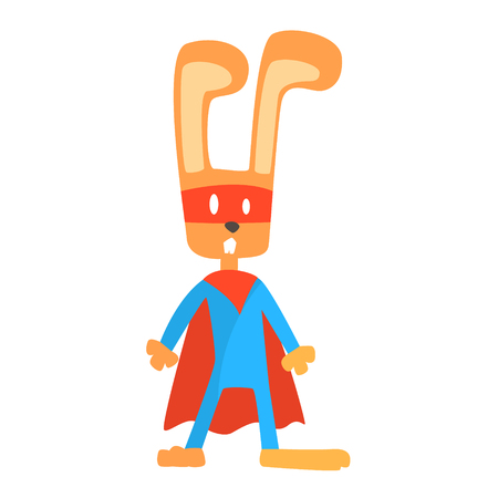 Rabbit Smiling Animal Dressed As Superhero With A Cape Comic Masked Vigilante Geometric Character. Part Of Fauna With Super Powers Flat Cartoon Collection Of Illustrations.のイラスト素材